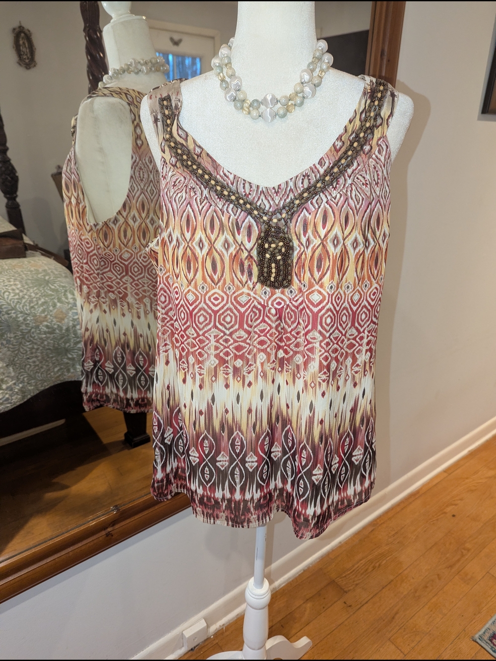 Beaded Neckline Sleeveless Women's Top in Multi-Tone